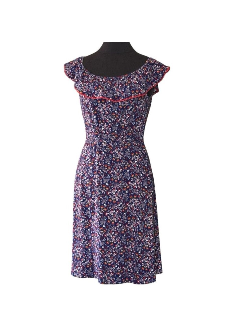 Boden Bethany Bardot Dress Sz 8 Purple Floral Women’s Boho Chic Ruffle Tie Belt